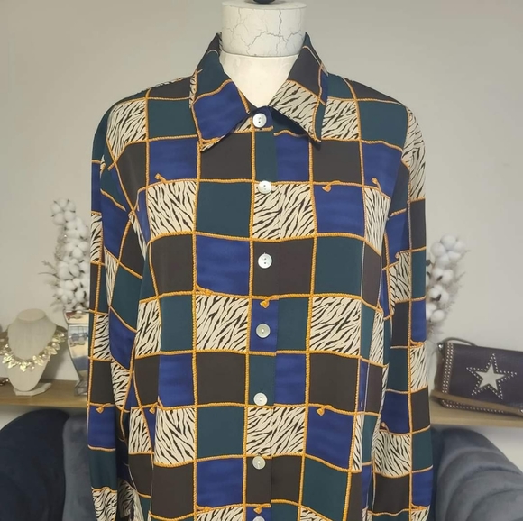 Tops - 90's Vintage Notations Plus Size Multi Color Zebra Squares Print Blouse